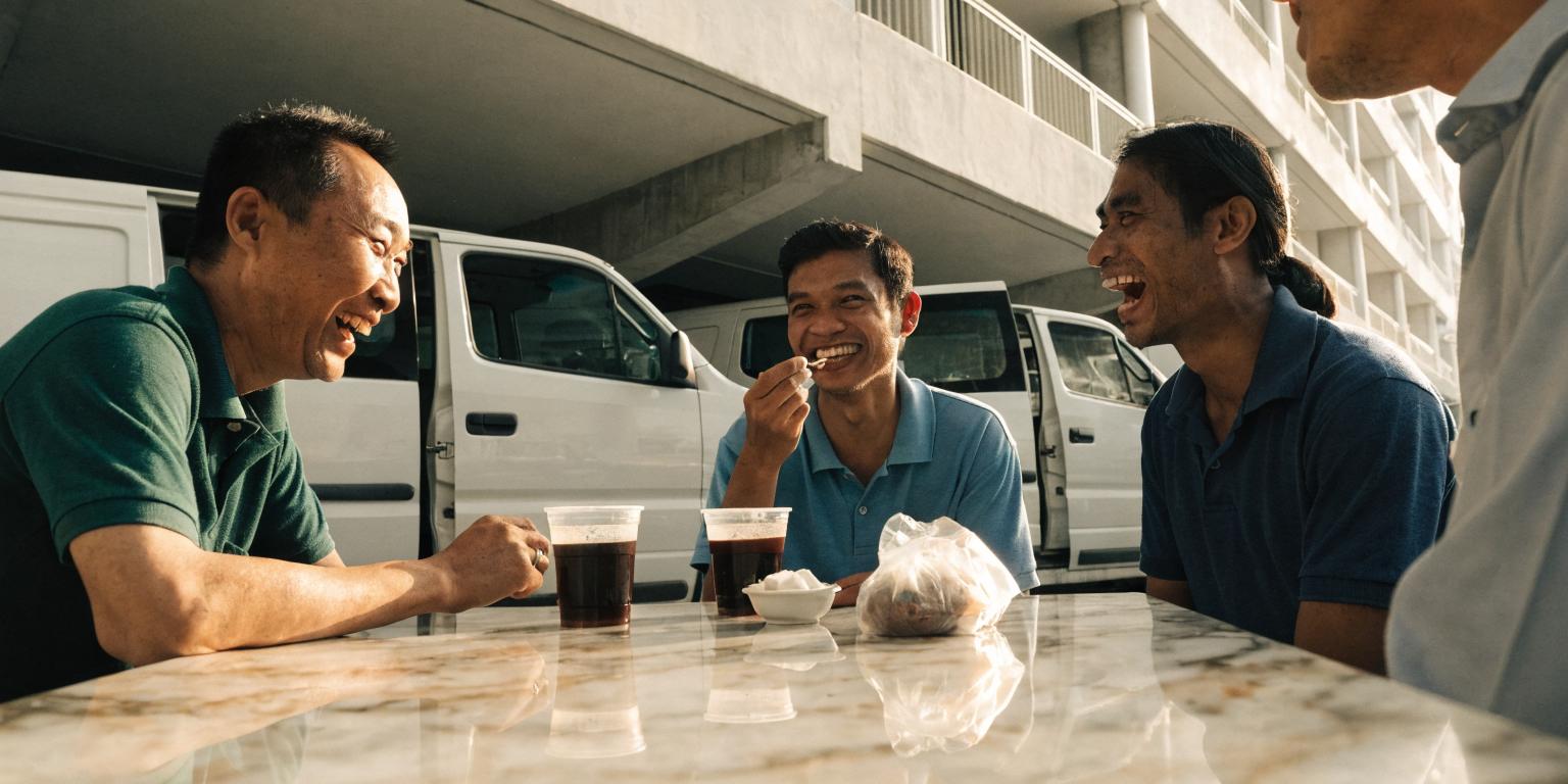 Van drivers and technicians sharing kopi at a Singapore kopitiam at dawn
