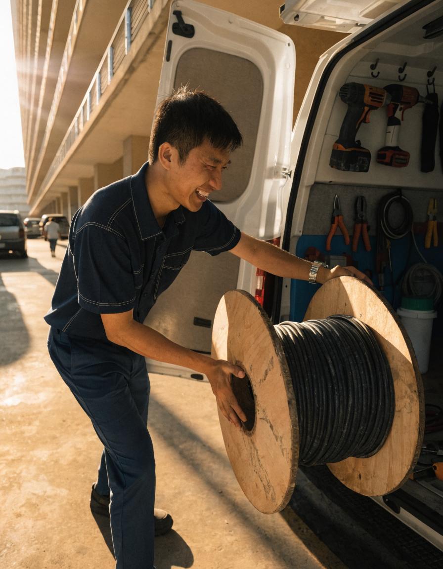Electrician loading his van at an HDB loading bay in morning light