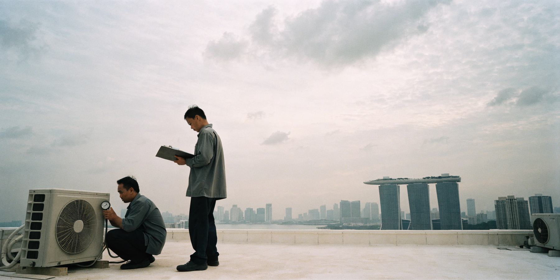 Two aircon technicians at work on a rooftop, Marina Bay Sands and the Singapore skyline in the distance